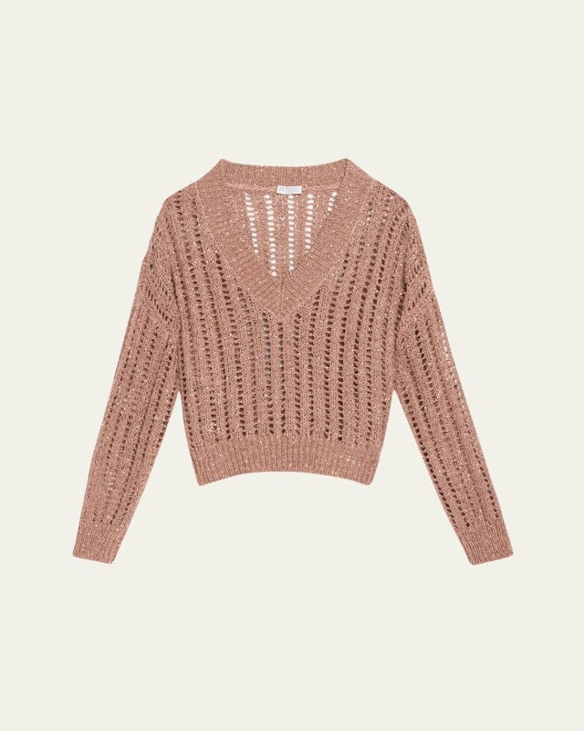 Paillette Open Work Ribbed V-Neck Sweat